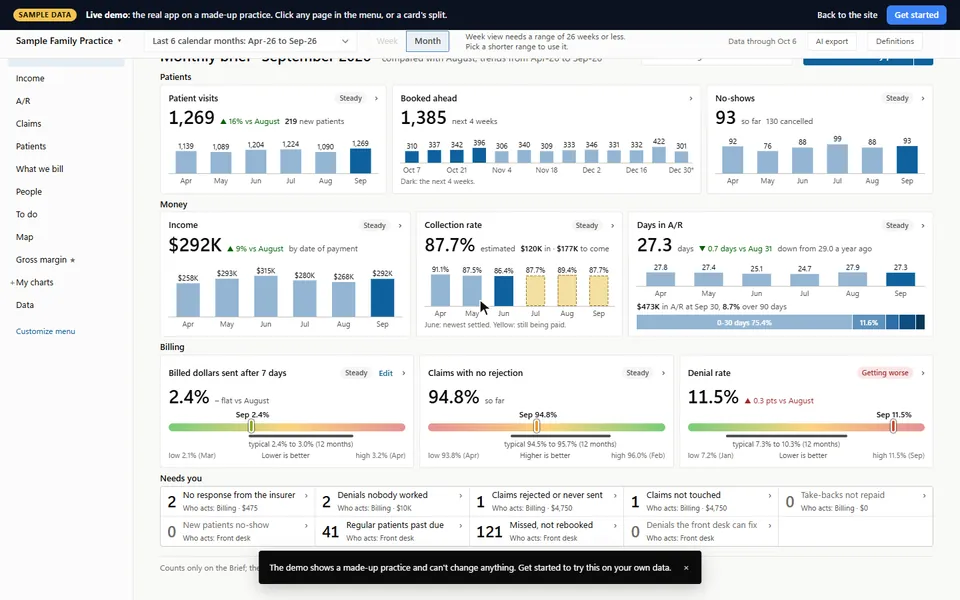 In the app: the Brief's denial rate, one click to split it by insurer, then by reason and code, then the list of claims to work and its Excel file, all on the same dates
