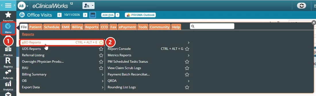 The eClinicalWorks menu with eBO Reports marked