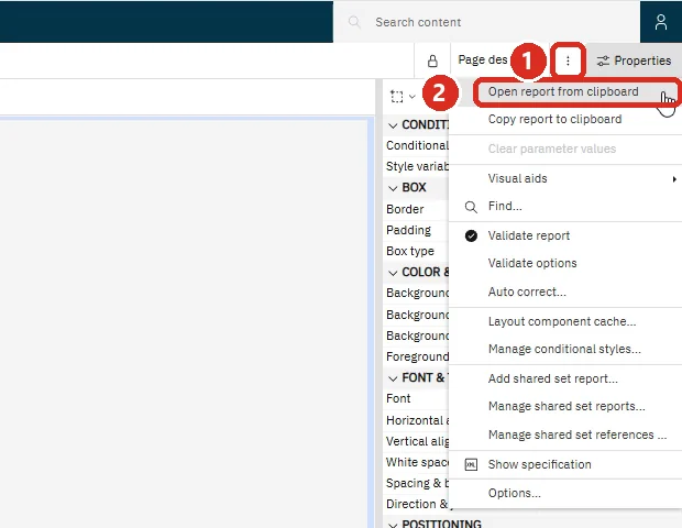 The three-dot menu with Open report from clipboard marked