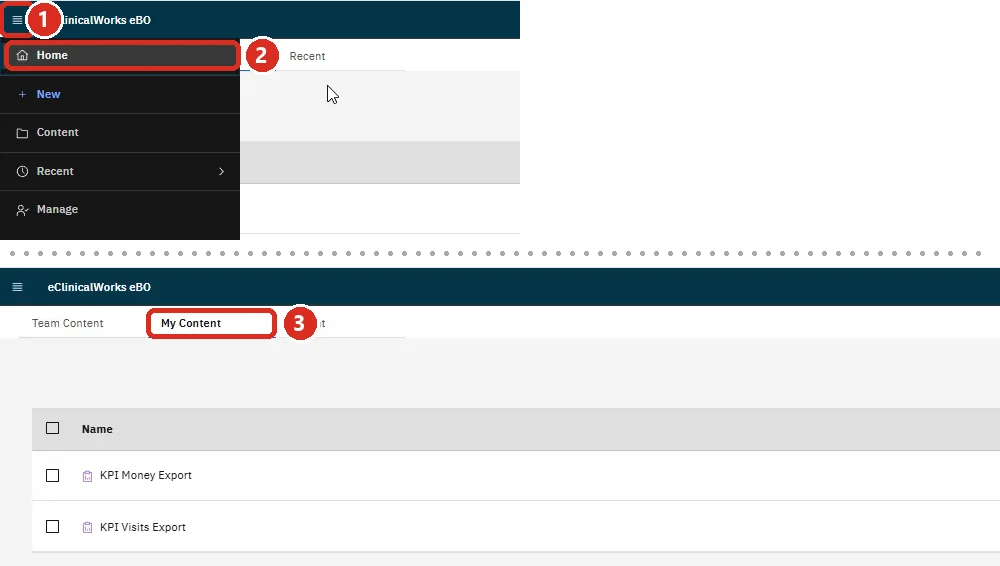 The eBO menu with Home marked, then the My content tab with both reports