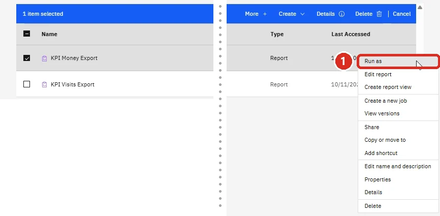 A report's three-dot menu with Run as marked