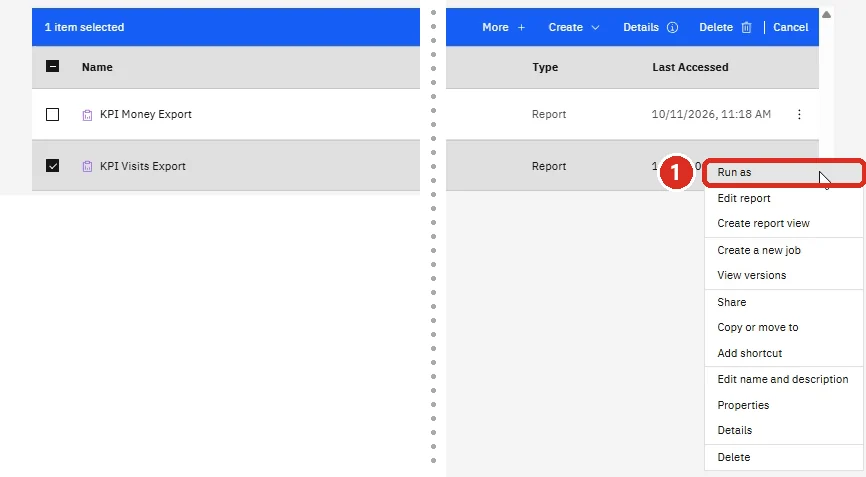 KPI Visits Export's three-dot menu with Run as marked