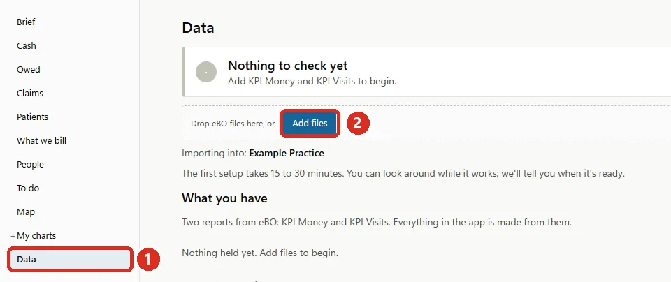 The Data page with Add files marked